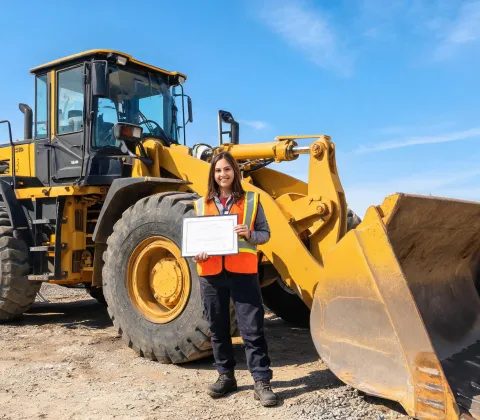 Female owner-operator certified on wheel loader