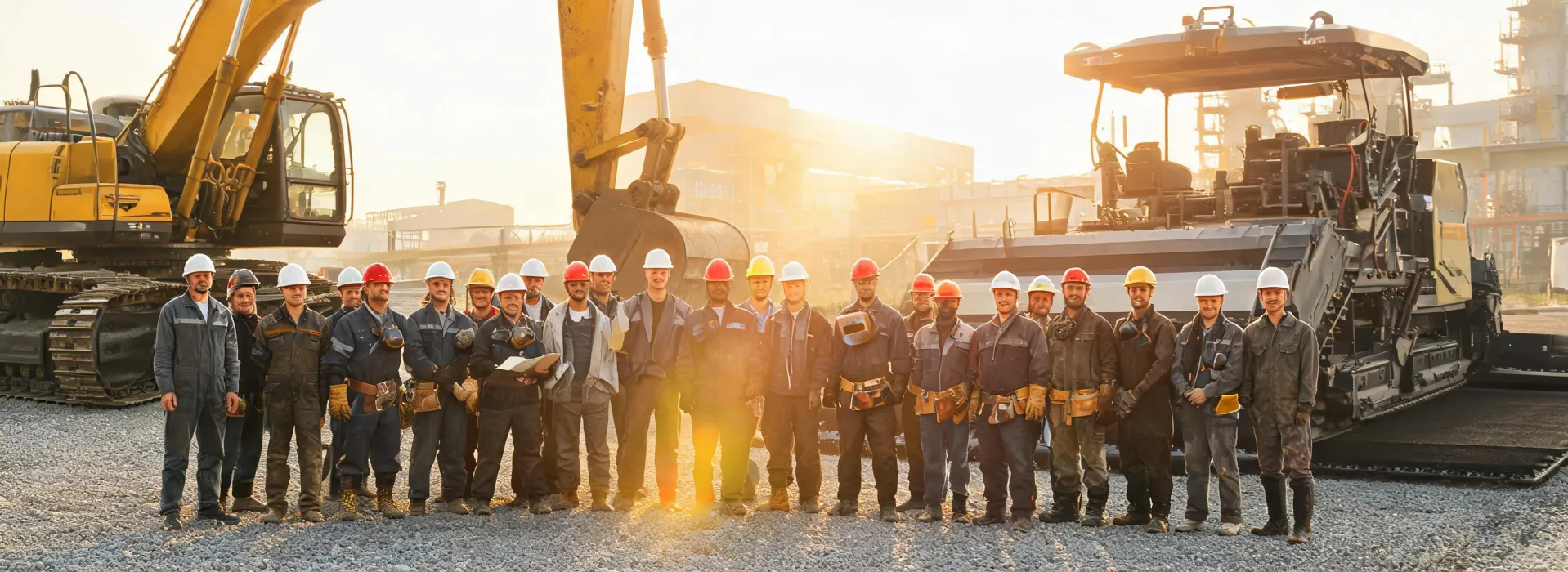 Plant open-day team photo with excavator and paver backdrop