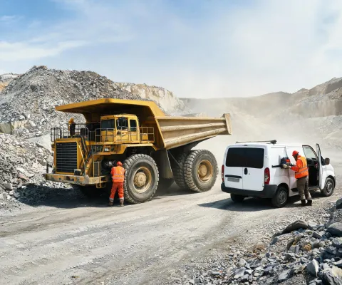 Field service van crew on quarry haul road
