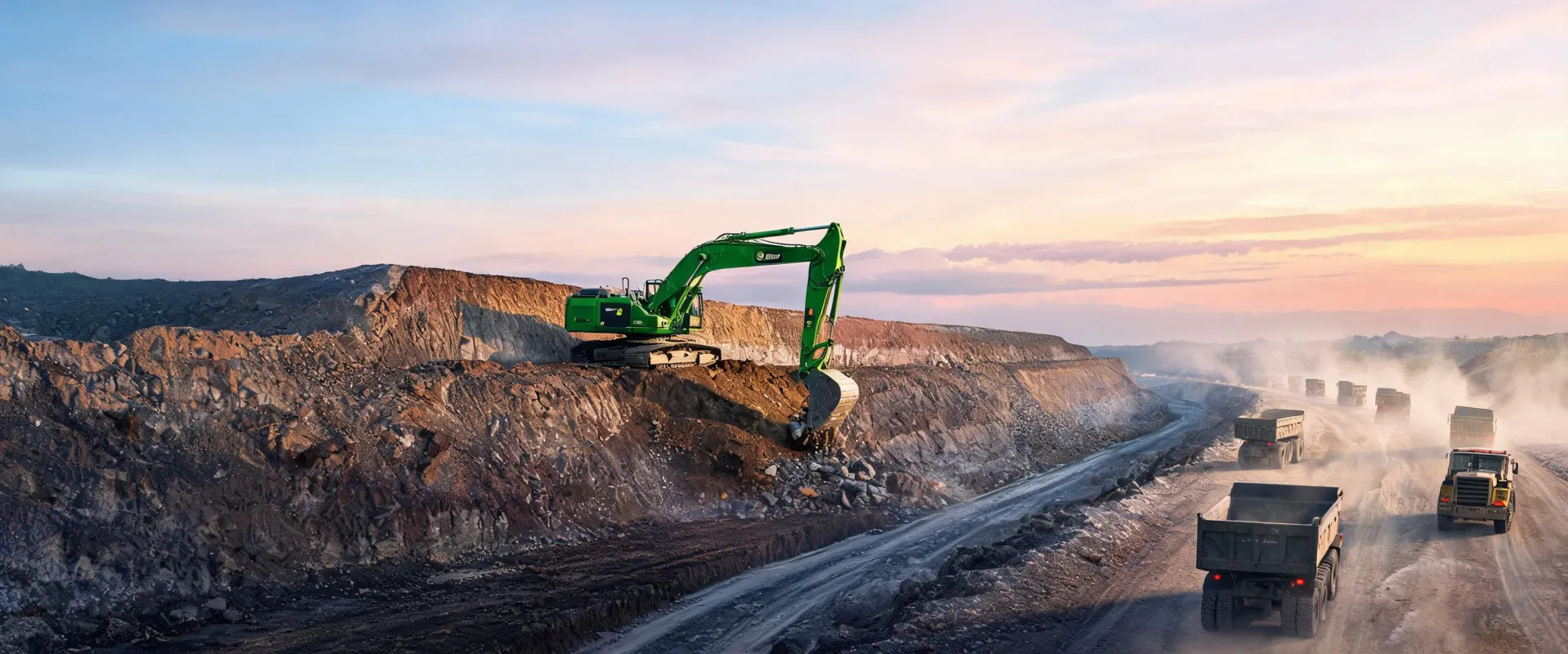 John Deere crawler excavator digging mass earthworks on highway cut