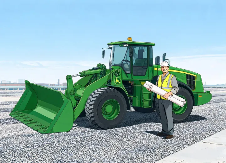 Site supervisor planning paving crew next to a wheel loader